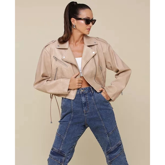 Avec Les Filles Women's Wide-Shoulder Cropped Biker Jacket Sz S Tan NWT - Picture 1 of 14